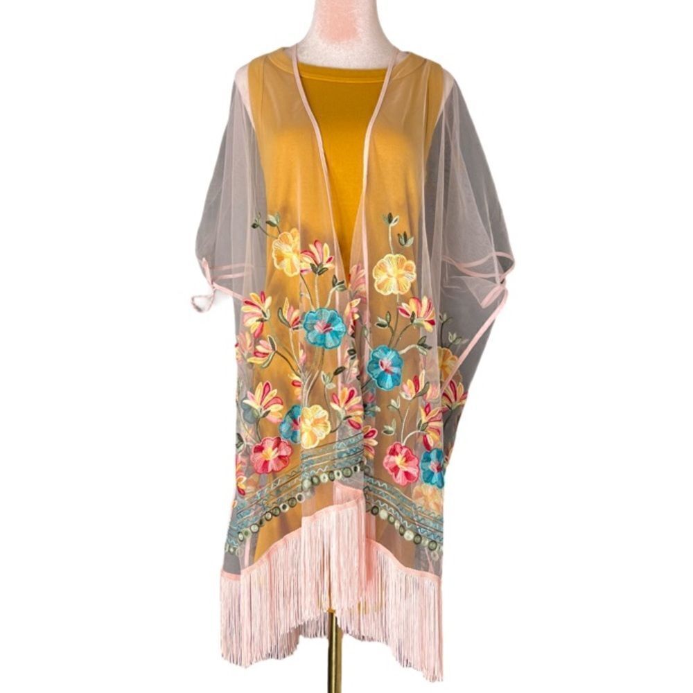 Haute Hippie Pink Mesh Floral Embroidered Fringe Boho, Festival Kimono, OS. NWT! - Picture 11 of 16